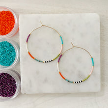 Load image into Gallery viewer, Mardi Gras weightless color block beaded hoops