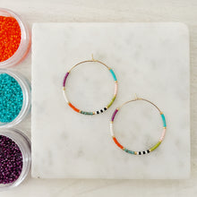 Load image into Gallery viewer, Mardi Gras weightless color block beaded hoops