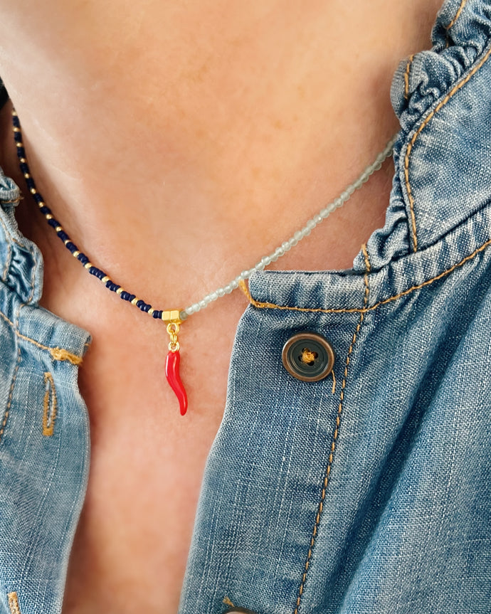 Napoli // red Italian horn pendant beaded glass and gemstone necklace