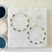 Load image into Gallery viewer, Denim and Pearl Miyuki beaded hoop earrings
