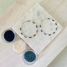 Load image into Gallery viewer, Denim and Pearl Miyuki beaded hoop earrings
