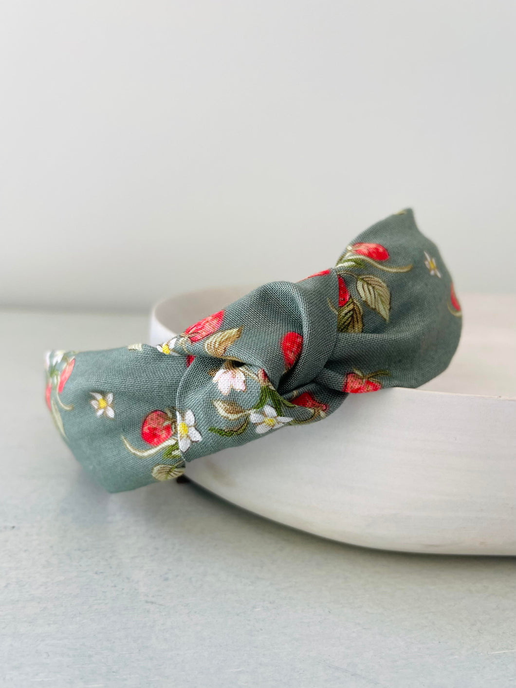 Strawberry Fields in Olive top knot headband