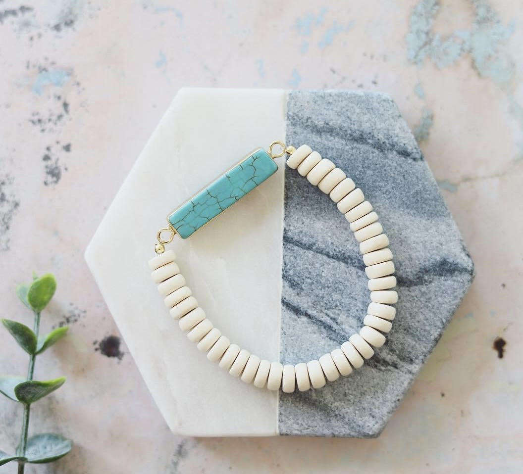 Odyssey turquoise and wood stretch bracelet